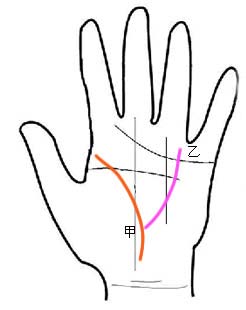 生命线出现中断(甲)，靠震宫旁出现贵人纹(乙)